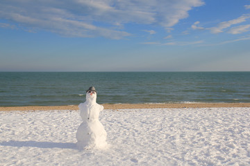 Fototapeta na wymiar Снеговик на берегу Чёрного моря