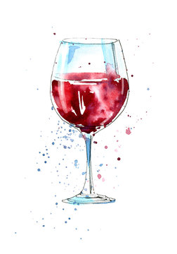 Glass of a red wine.Picture of a alcoholic drink.Watercolor hand drawn illustration.