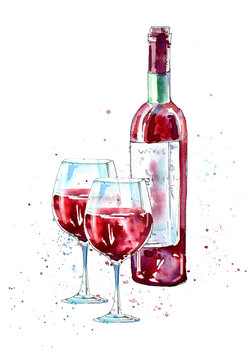 Bottle of red wine and glasses.Picture of a alcoholic drink.Watercolor hand drawn illustration.