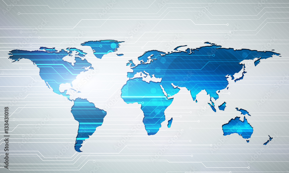 Poster digital image world map technology concept with circuit microchip