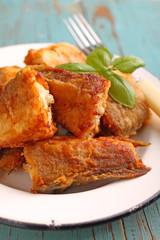 fried hake fish in a white plate