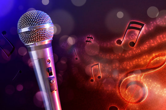 Illustration microphone with red and blue background horizontal