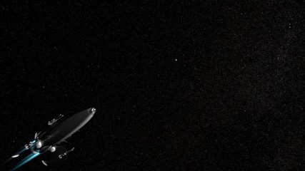Rocket ship flying past the camera with star background 60p