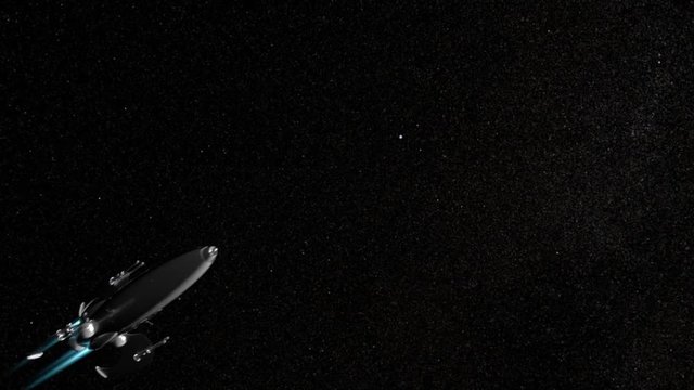 Rocket ship flying past the camera with star background 60p