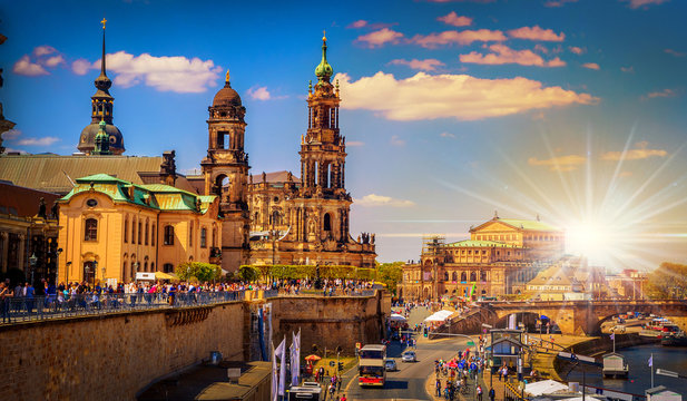 Summer view of the Old Town architecture with Elbe river in Dresden, Saxony, Germany