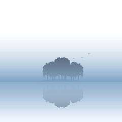 Island landscape vector illustration with fog or mist atmosphere. Calm, serene, tranquil nature scenery.