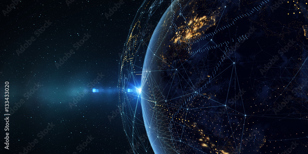Poster Technology background Earth from space at night with a digital communication system Some elements of the image provided by NASA.