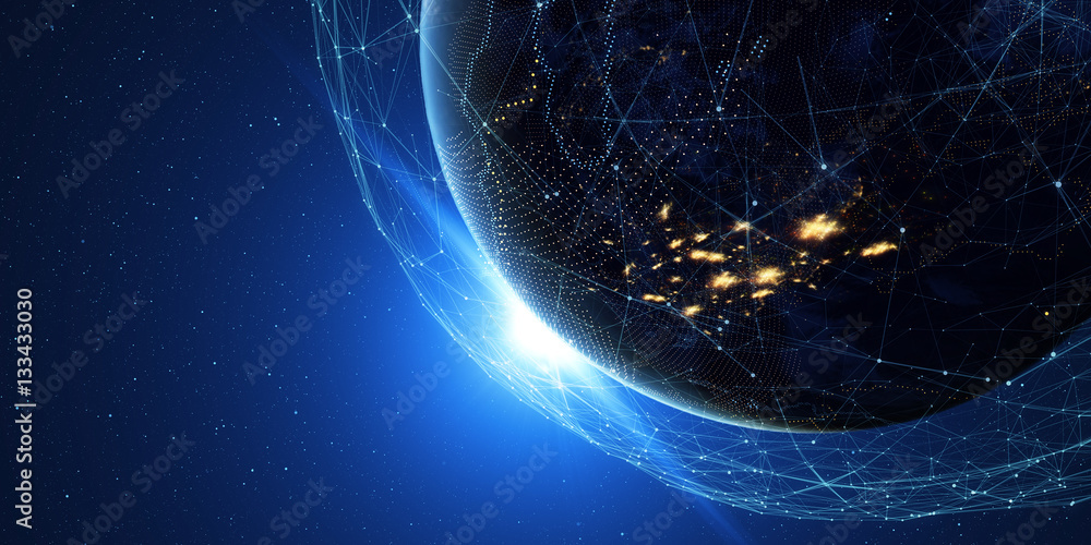 Poster Technology background/Technology background Earth from space at night with a digital communication system Some elements of the image provided by NASA.