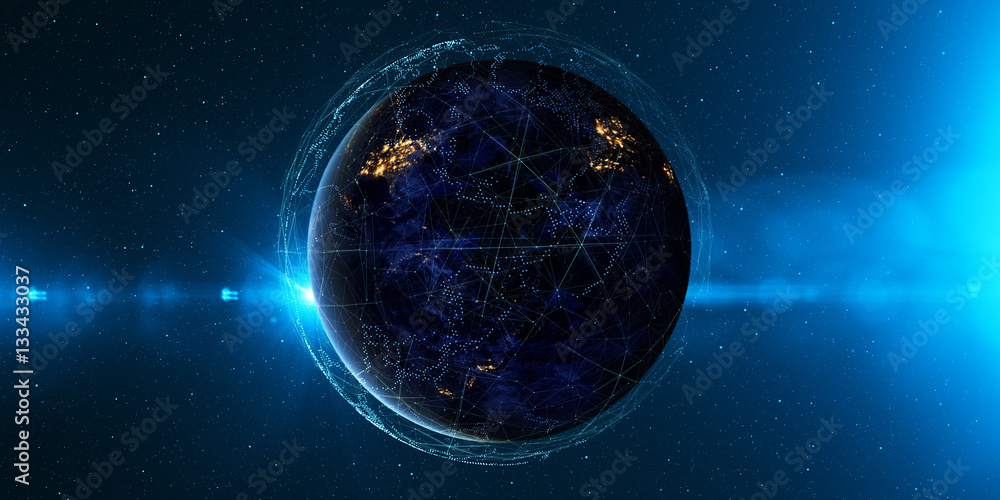 Poster Technology background/Technology background Earth from space at night with a digital communication system Some elements of the image provided by NASA.