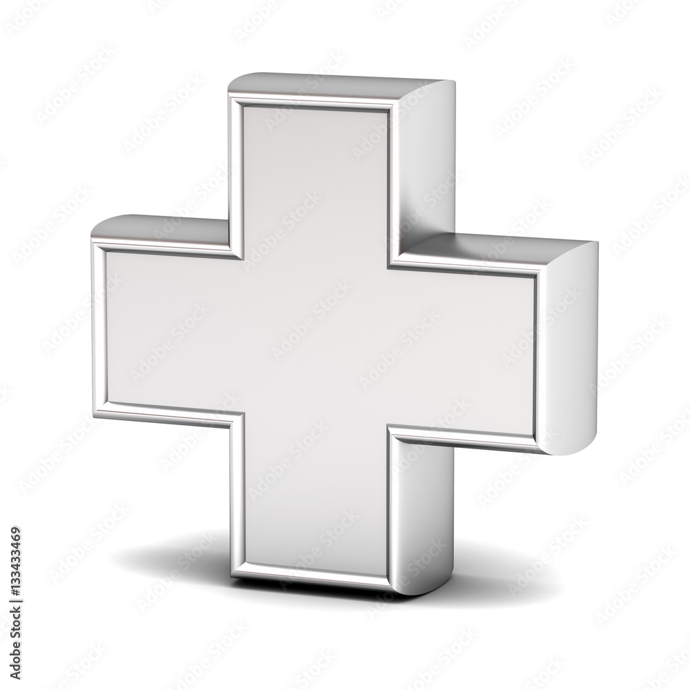Poster metal plus sign isolated on white background with reflection 3d rendering.