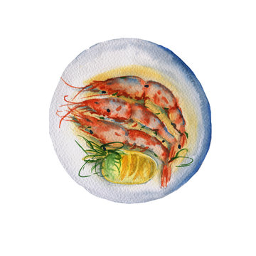 Dish with shrimp. Isolated on white background. Watercolor illustration.