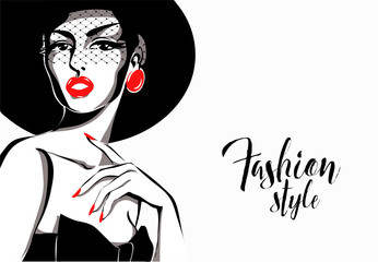 Black and white fashion woman, ledy wamp model with boutique logo background. Hand drawn vector