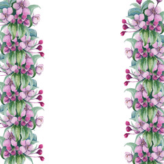 Garland with cherry flowers. Isolated on white background. watercolor illustration.