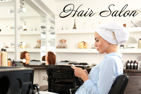 Text HAIR SALON on background. Young woman at barbershop