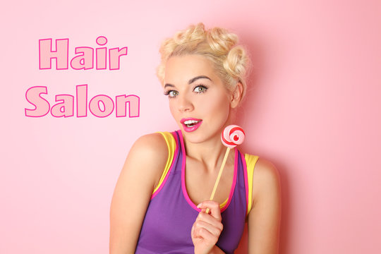 Young woman and text HAIR SALON on color background