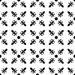 Fleur de lis in diagonal arrangement with dot in the middle. Abstract retro geometrical seamless pattern. Black vector illustration on white background.