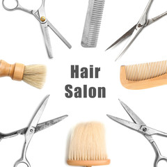 Text HAIR SALON and barber equipment on white background