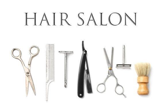 Text HAIR SALON and barber equipment on white background