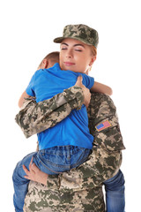 Woman soldier embracing with son on white background