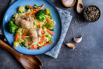 Roasted cod rolls with millet and steamed vegetable