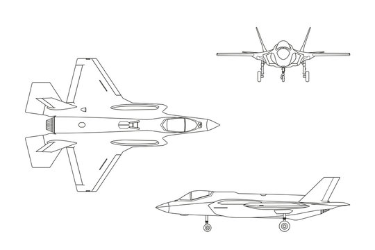 Outline drawing of military aircraft on white background. Top, s