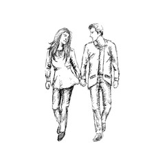 Couple in love walking. Sketching.
