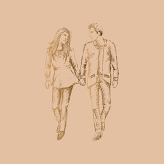 Couple in love walking. Sketching.
