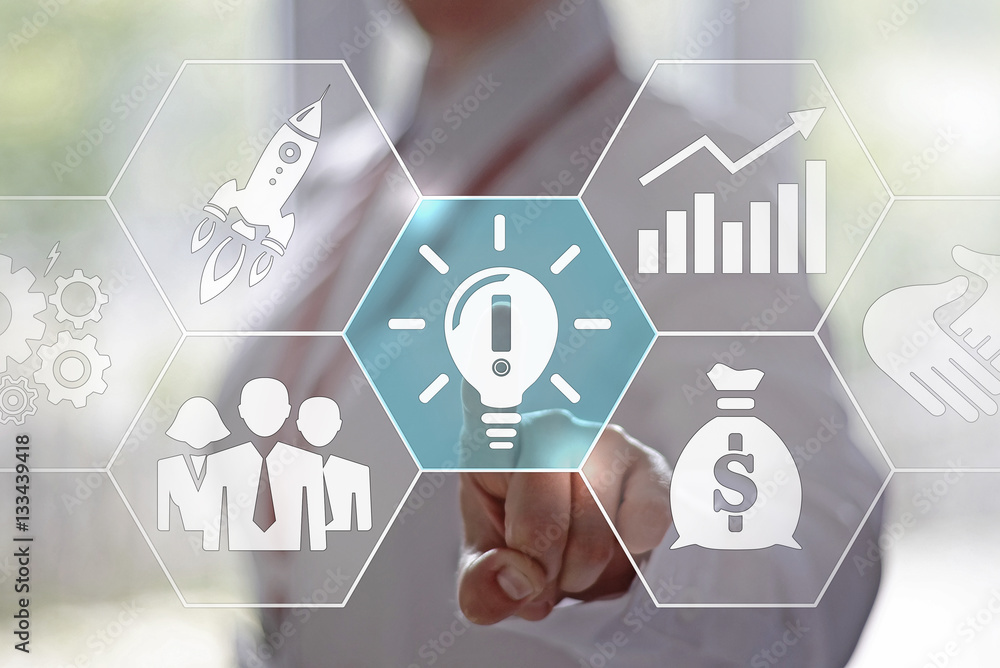 Aufkleber bulb button with exclamation mark on virtual screen. business idea concept. lightbulb icon with atte