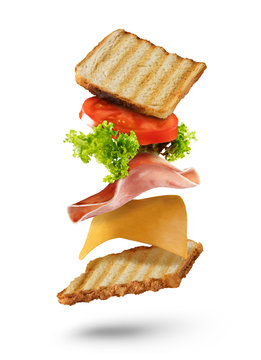 Sandwich with flying ingredients on white background