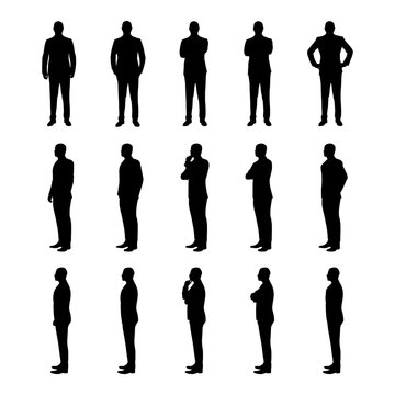 Businessman set of vector silhouettes. Man in suit in various po