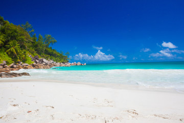 stunning view of idyllic Anse Georgette beach at Praslin, Seychelles