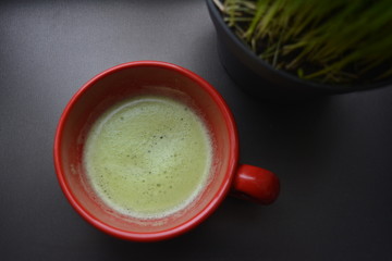 juice of wheat germ in a red circle on a black background, vitgrass, alternative medicine, health, vegetarian, raw food diet