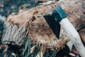 chop wood with an ax