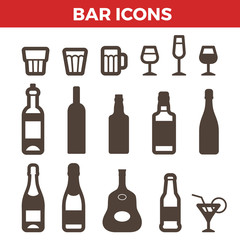 Bar icons set for Badges hipster. Bottles glasses objects symbol