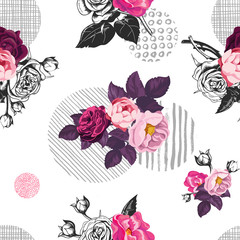 Romantic seamless pattern with small bouquets of cut rose flowers and gray circles of different textures on background. Vector illustration in vintage style for fabric print, wrapping paper, backdrop.