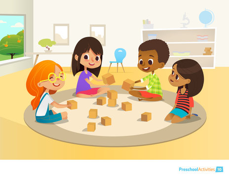 Children sit in circle on round carpet in kindergarten classroom, play with wooden toy blocks and laugh. Learning through entertainment concept. Vector illustration for flyer, website, poster, banner.