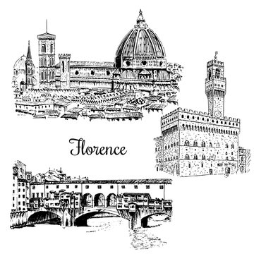 Set Of Florence Ponte Vecchio Bridge In , Italy. Vector Hand Drawn Sketch