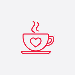 cup of coffee tea hot with heart and steam line icon red on white