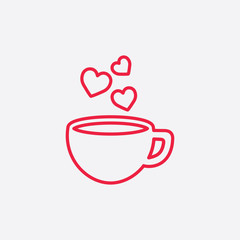 cup of coffee tea hot with hearts steam line icon red on white