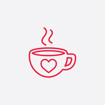 cup of coffee tea hot with heart and steam line icon red on white