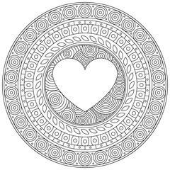Mandala heart for Valentine day. Decorative round ornament. Isolated pattern on white background