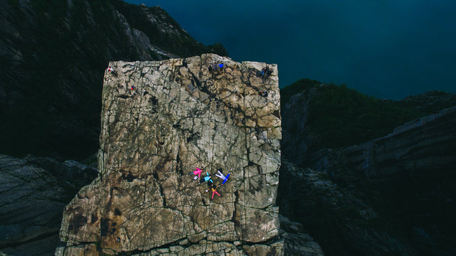 Preikestolen massive cliff (Norway, Lysefjorden summer morning v