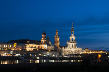 Dresden, Germany cityscape on the Elbe River at night.