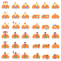 Set icon hipster man with fashion hairstyle in different poses on orange couch in room flat style. Bundle vector logo character on  orange sofa in cartoon style  illustration.