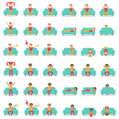 Set icon hipster man with fashion hairstyle in different poses on blue couch in room flat style. Bundle vector logo character on blue sofa in cartoon style  illustration.
