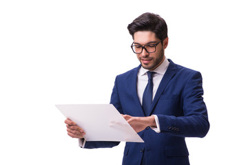 Businessman working on tablet isolated on the white background