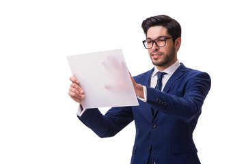 Businessman working on tablet isolated on the white background