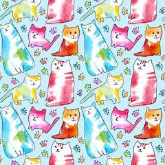 Seamless pattern of a cats and paw. Watercolor hand drawn illustration.White background.