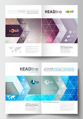 Business templates for brochure, magazine, flyer, booklet or annual report. Cover design template, flat layout in A4 size. Abstract triangles, blue triangular background, colorful polygonal vector.