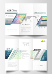 Tri-fold brochure business templates on both sides. Easy editable layout in flat style, vector illustration. Colorful background with abstract waves, lines. Bright color curves. Motion design.